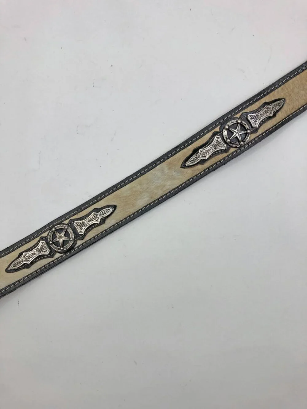 Western leather Belt Size 36 Black Leather & Tan Fur Silvertone Buckle Longhorns